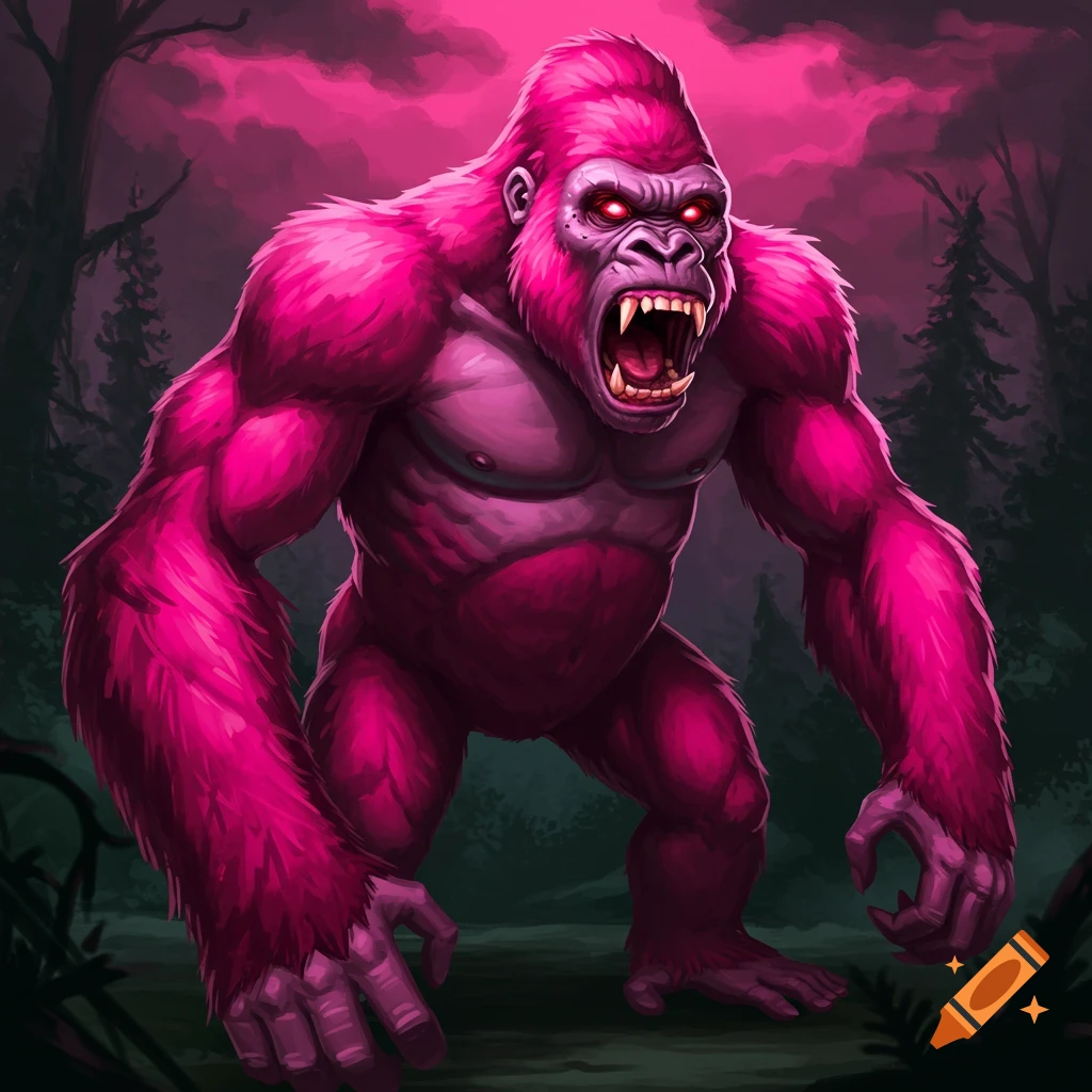 Terrifying pink gorilla stands in a forest