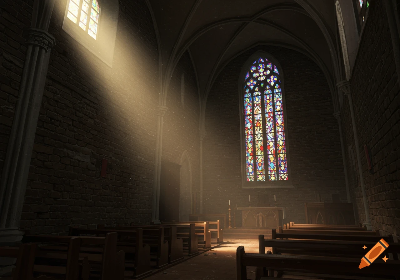 Sunbeams entering an old brick church interior through a clear window and a large stained glass window.