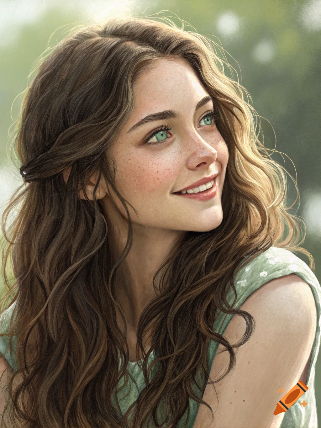 Realistic portrait of a smiling young woman with long brown hair, green eyes, and freckles.
