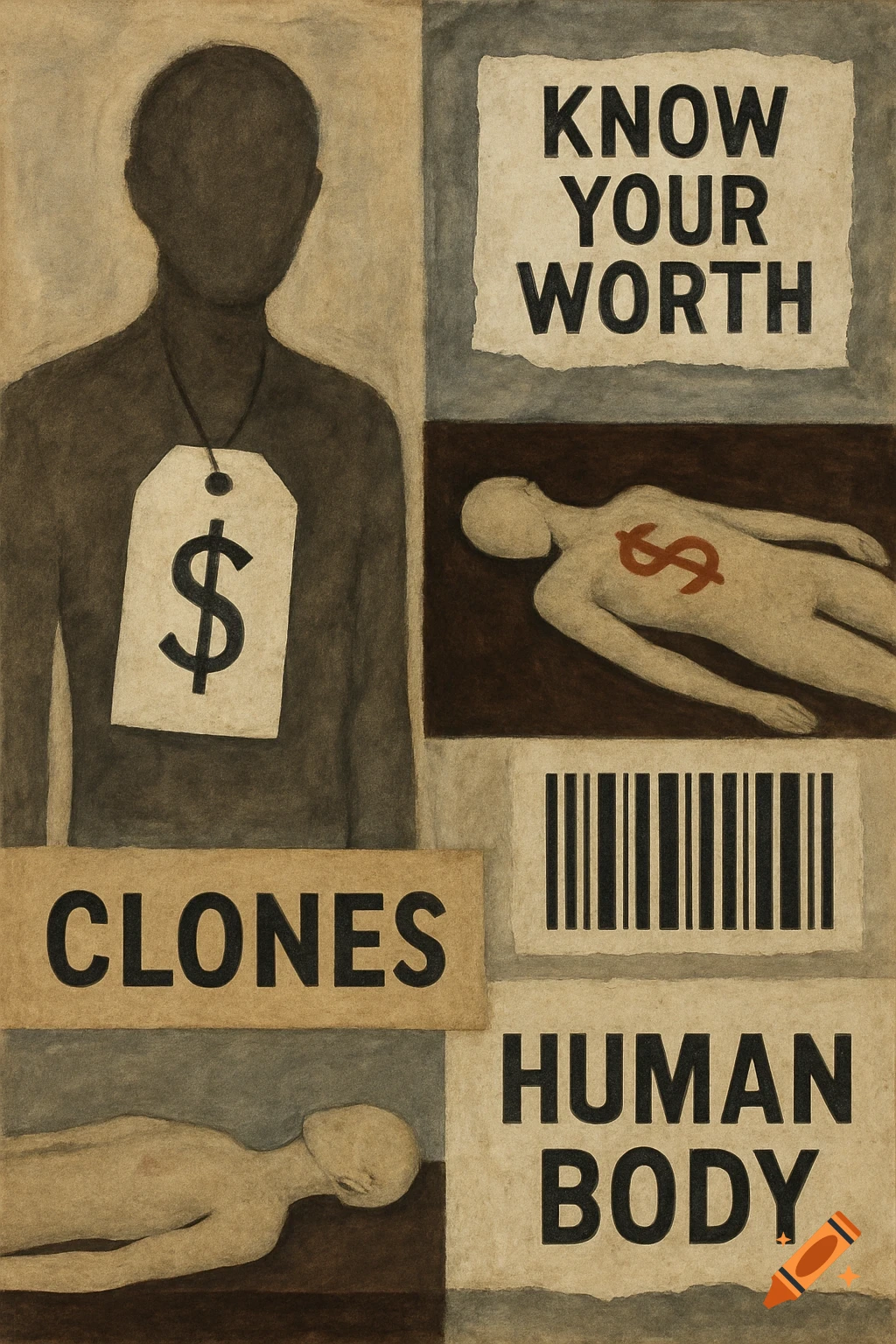 Collage with stylized human figures, text about value, clones, and human body, dollar sign, and barcode.