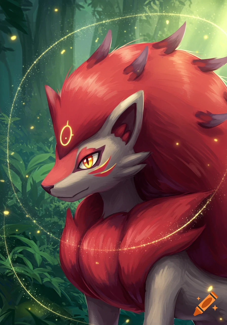 A depiction of Hisuian Zoroark in a forest with golden particles