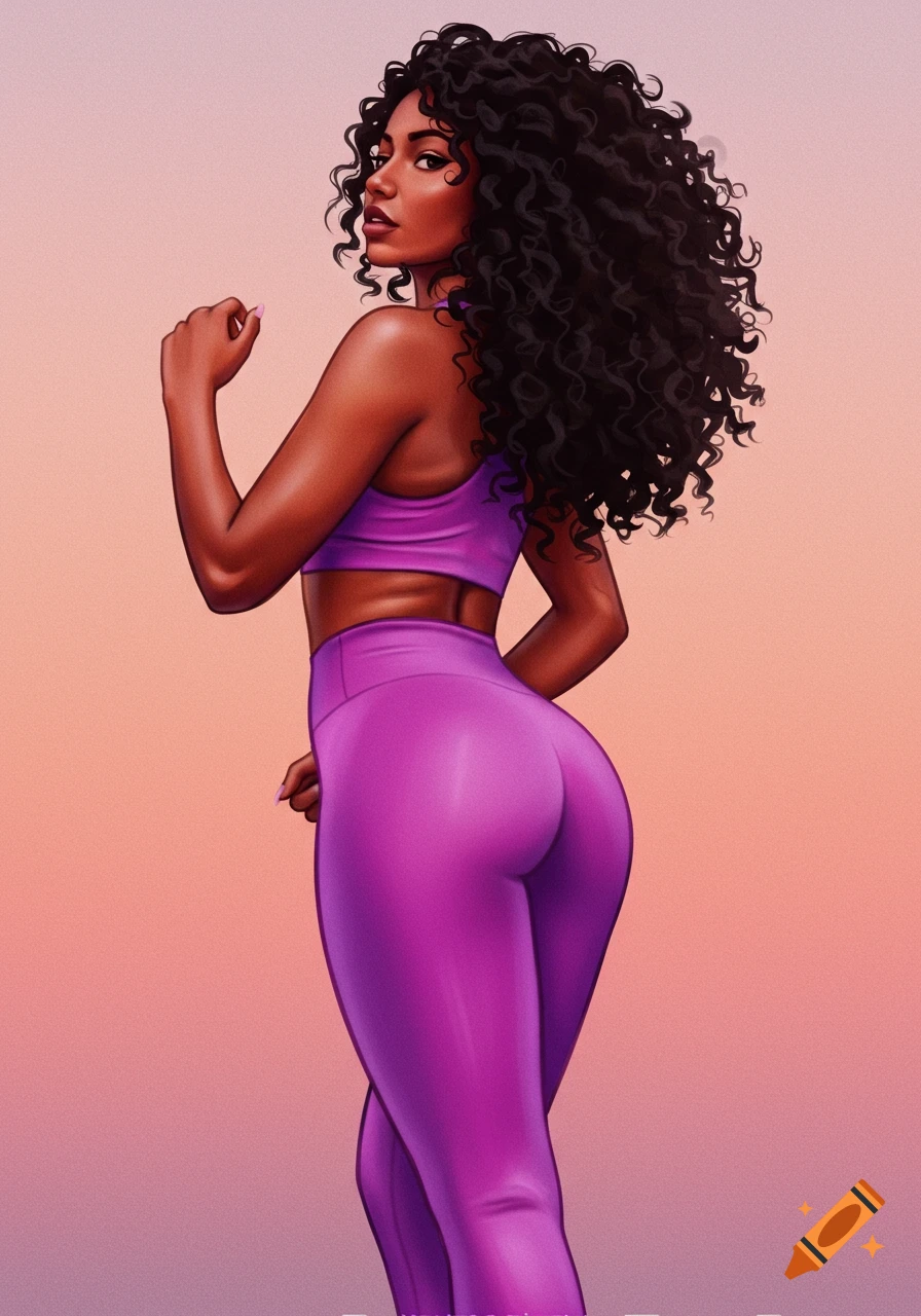 A woman with dark curly hair in purple fitness wear, viewed from behind