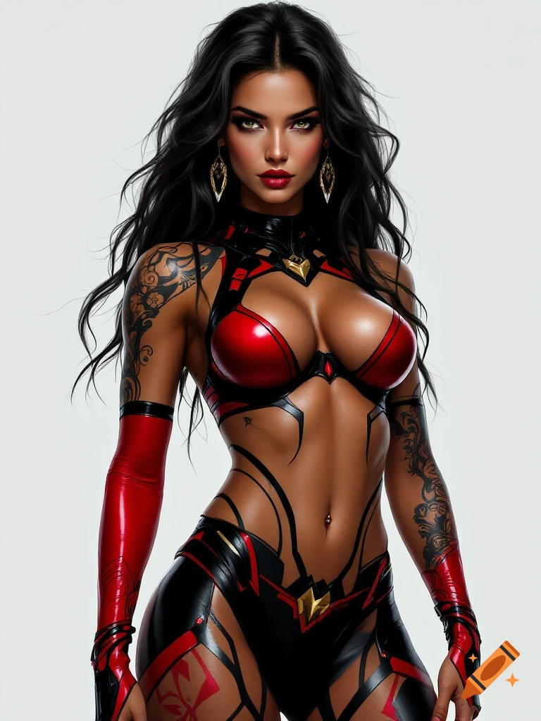 Realistic portrait of a woman in a red and black futuristic superhero outfit with tattoos, striking a powerful pose.