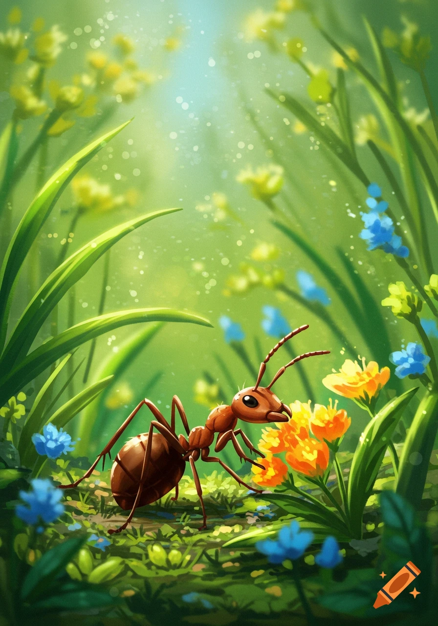 Ant Crying Cartoon ant crying and farting in a field under the sun. on Craiyon