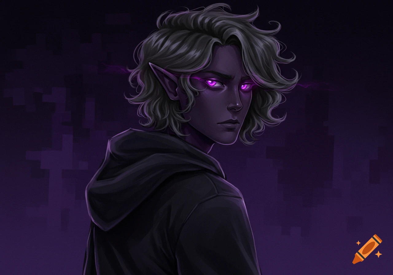A dark-skinned young man with glowing purple eyes, pointed ears, and dark hair, looking over his shoulder in a dark hoodie against a purple background.