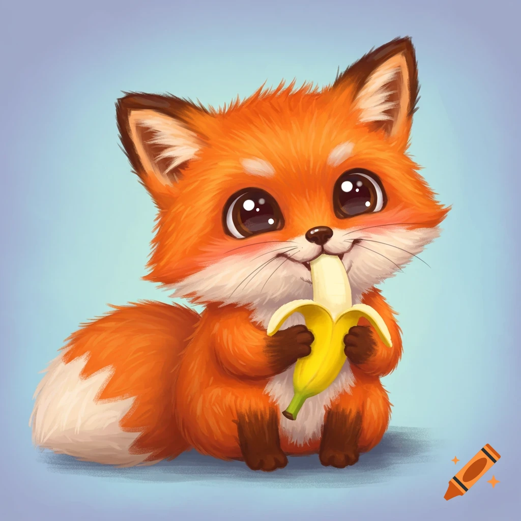 A cute cartoon fox sits eating a banana.
