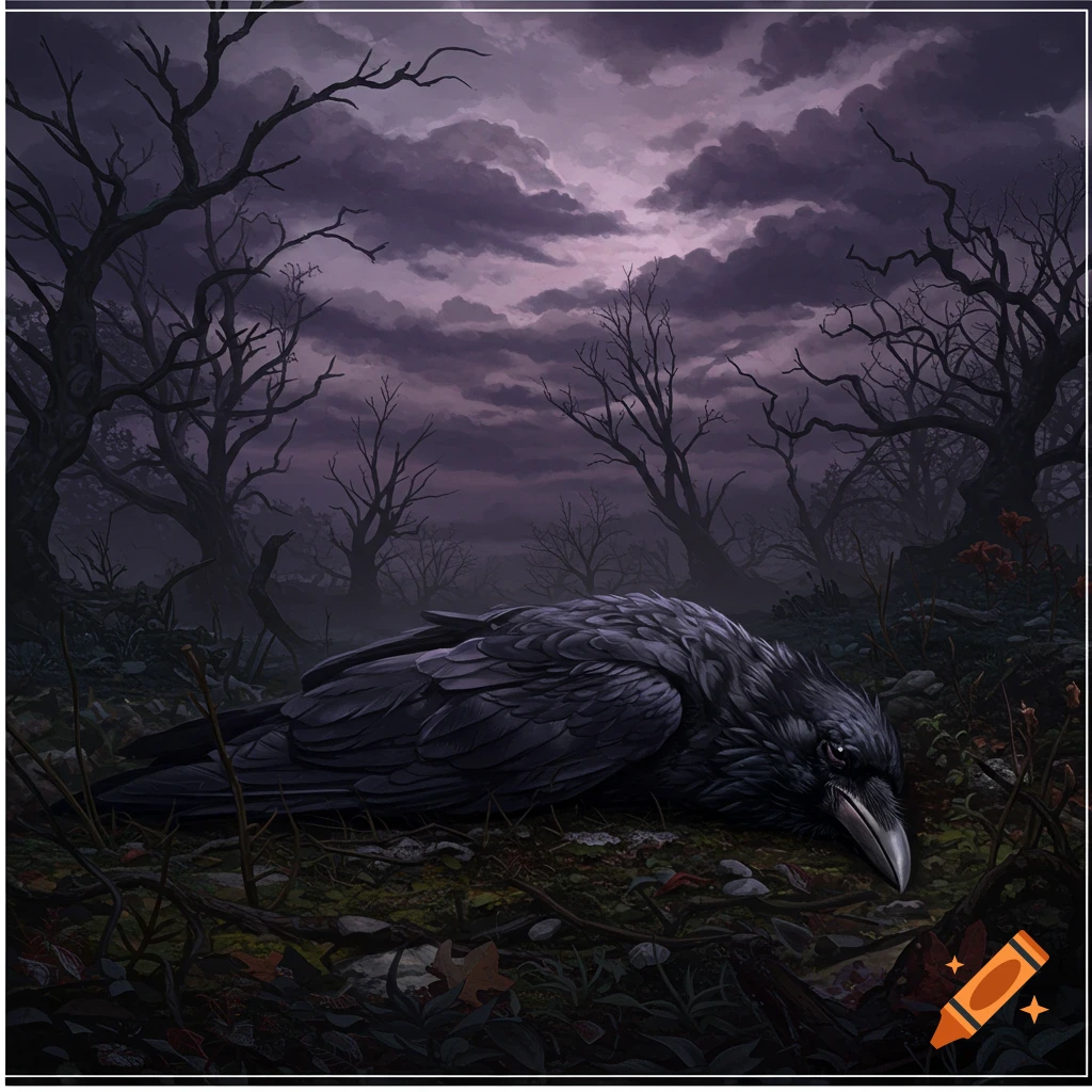 A dead crow lies on the ground in a spooky, dark forest scene.