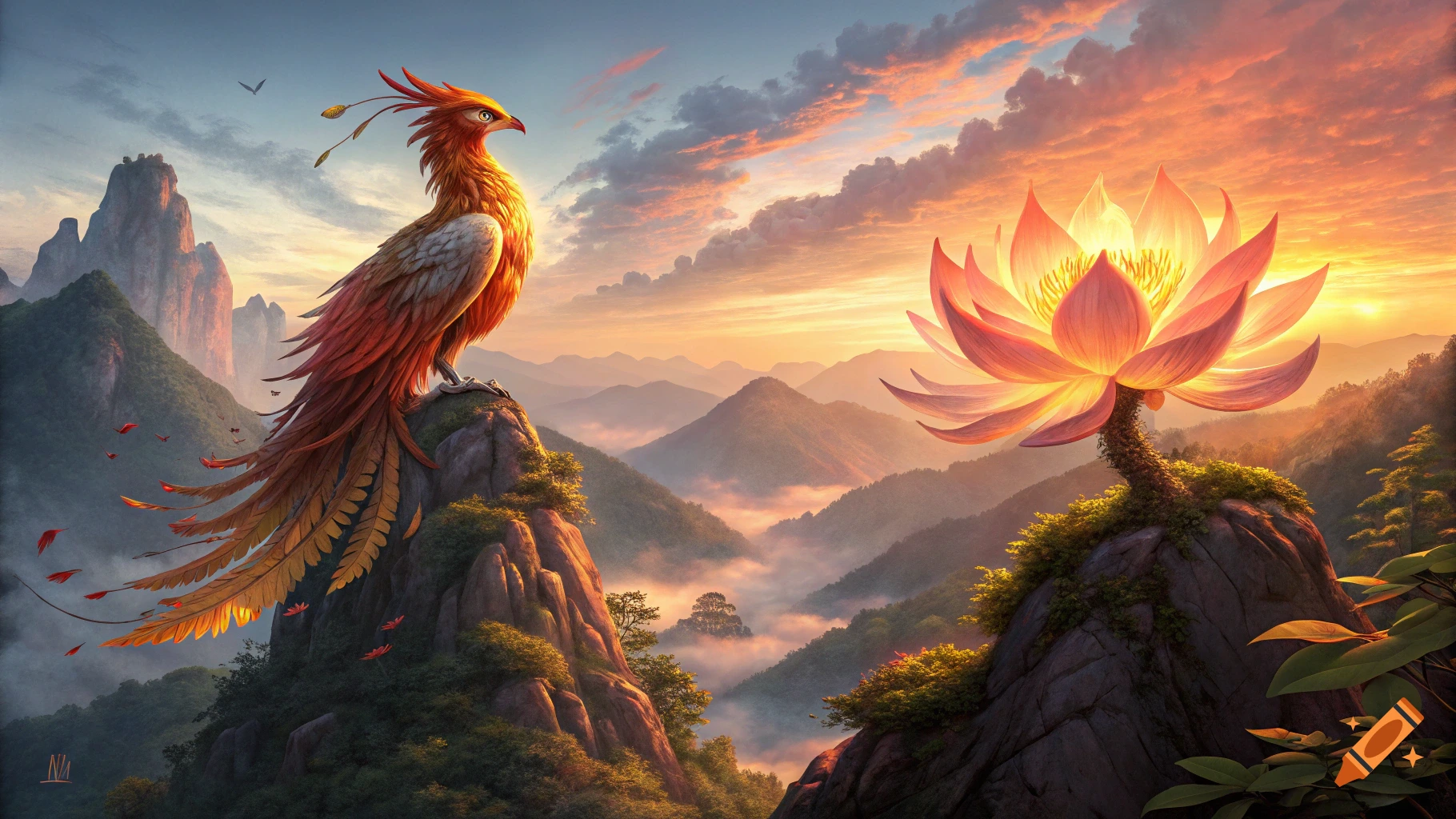 A majestic fiery phoenix perches on a mountain peak overlooking a misty valley at sunset, with a large glowing lotus flower on another peak nearby.