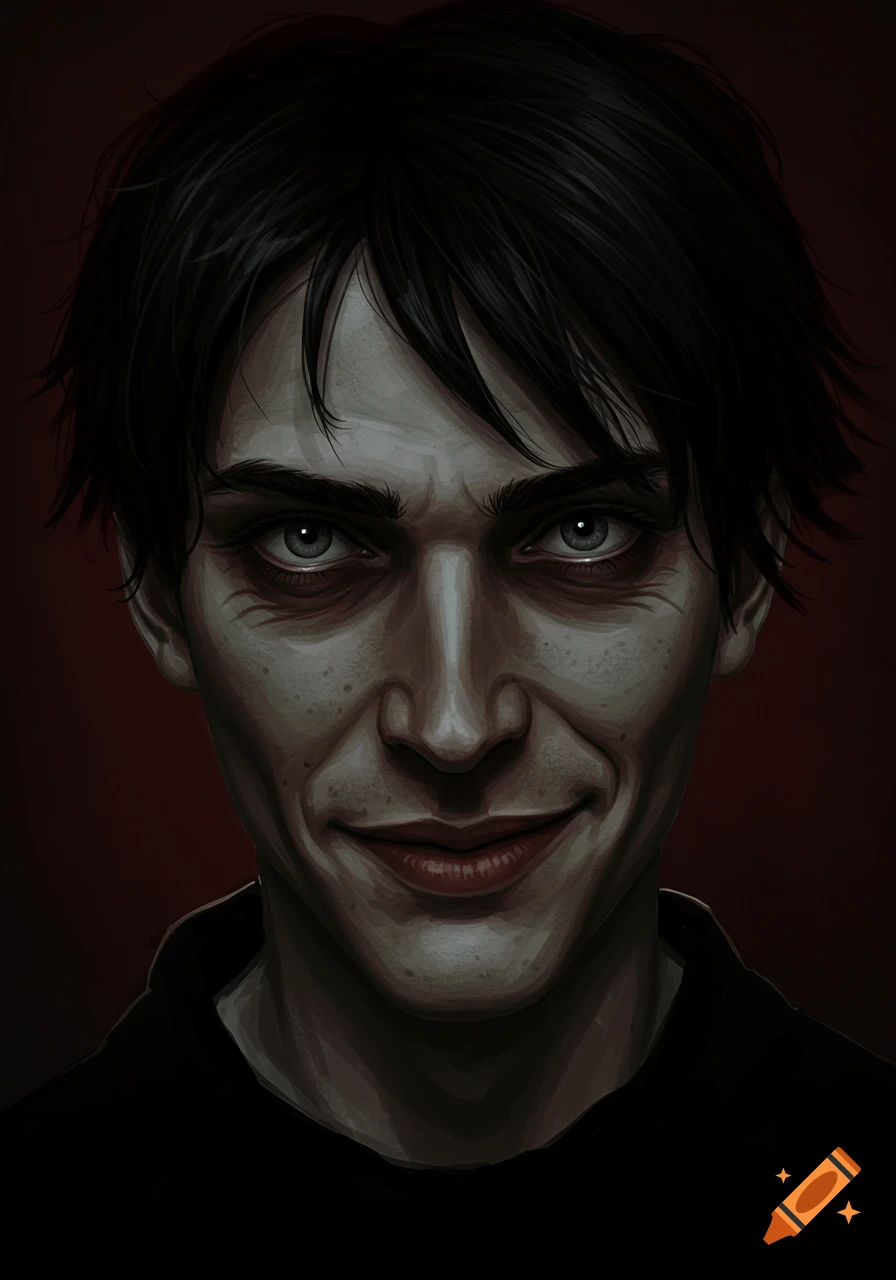 Close-up of a pale man with dark hair, sunken eyes, and an unsettling smile against a dark background.