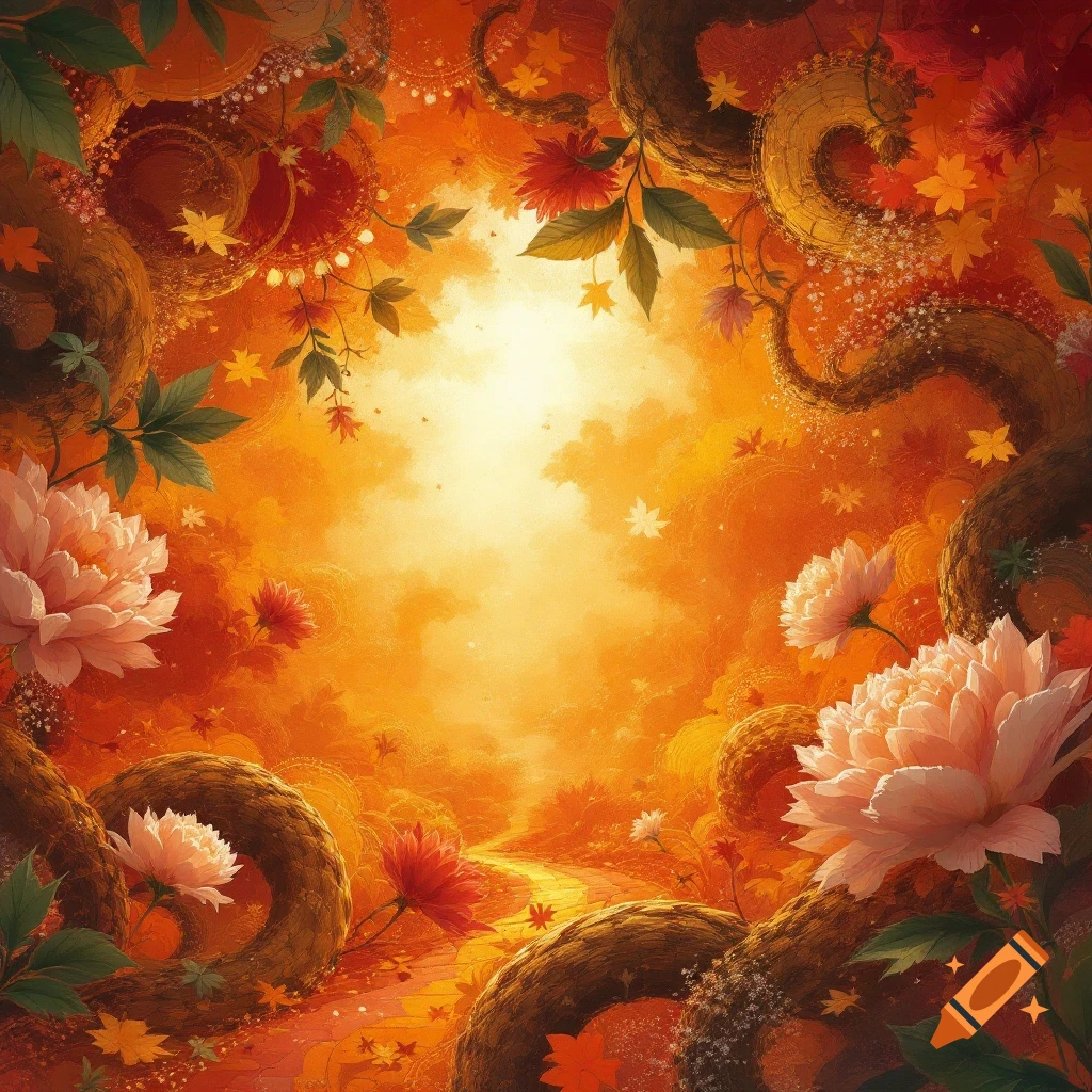 Flowers and vines framing a warm glowing center with fallen leaves.
