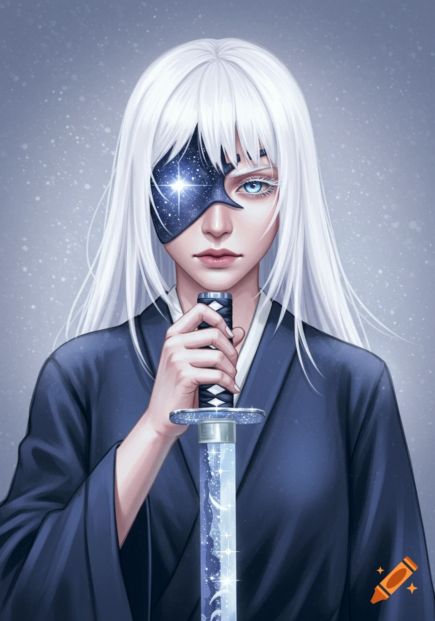 Anime portrait of woman with white hair, starry mask, blue eyes, holding a starry sword.