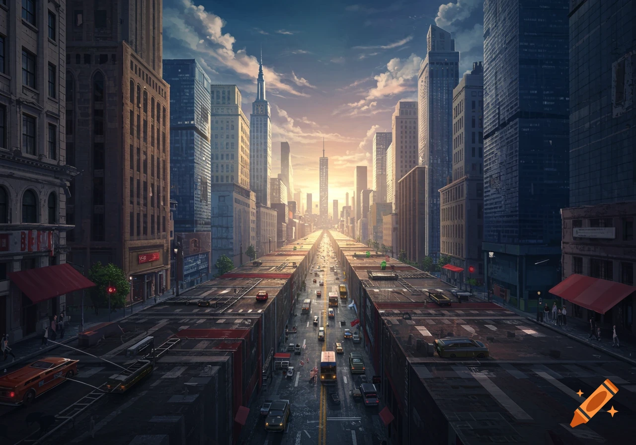 A bustling city street with towering buildings, a stream of traffic, and a long perspective extending towards the horizon as the sun sets.