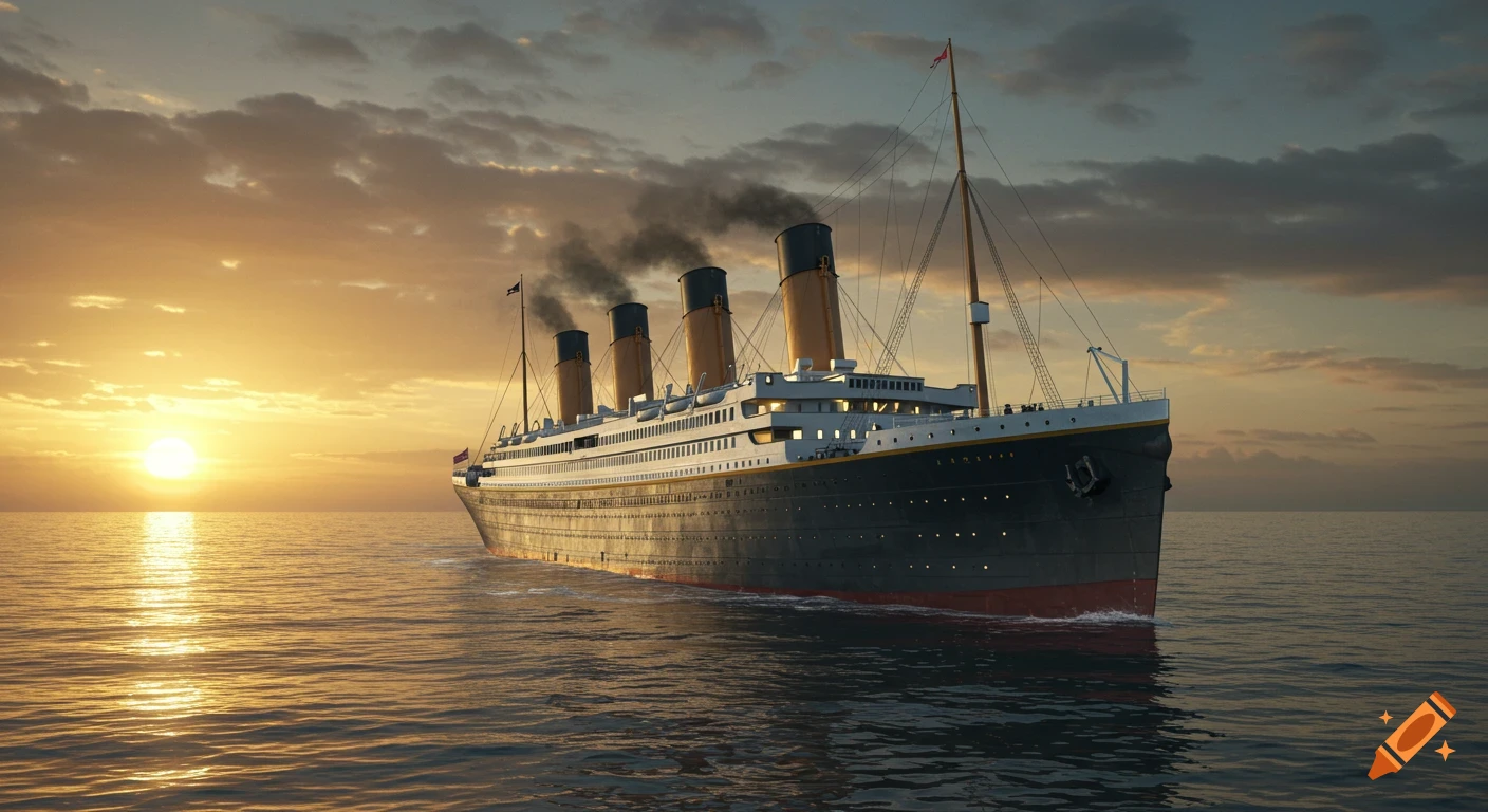 The Titanic ship sailing at sunset.