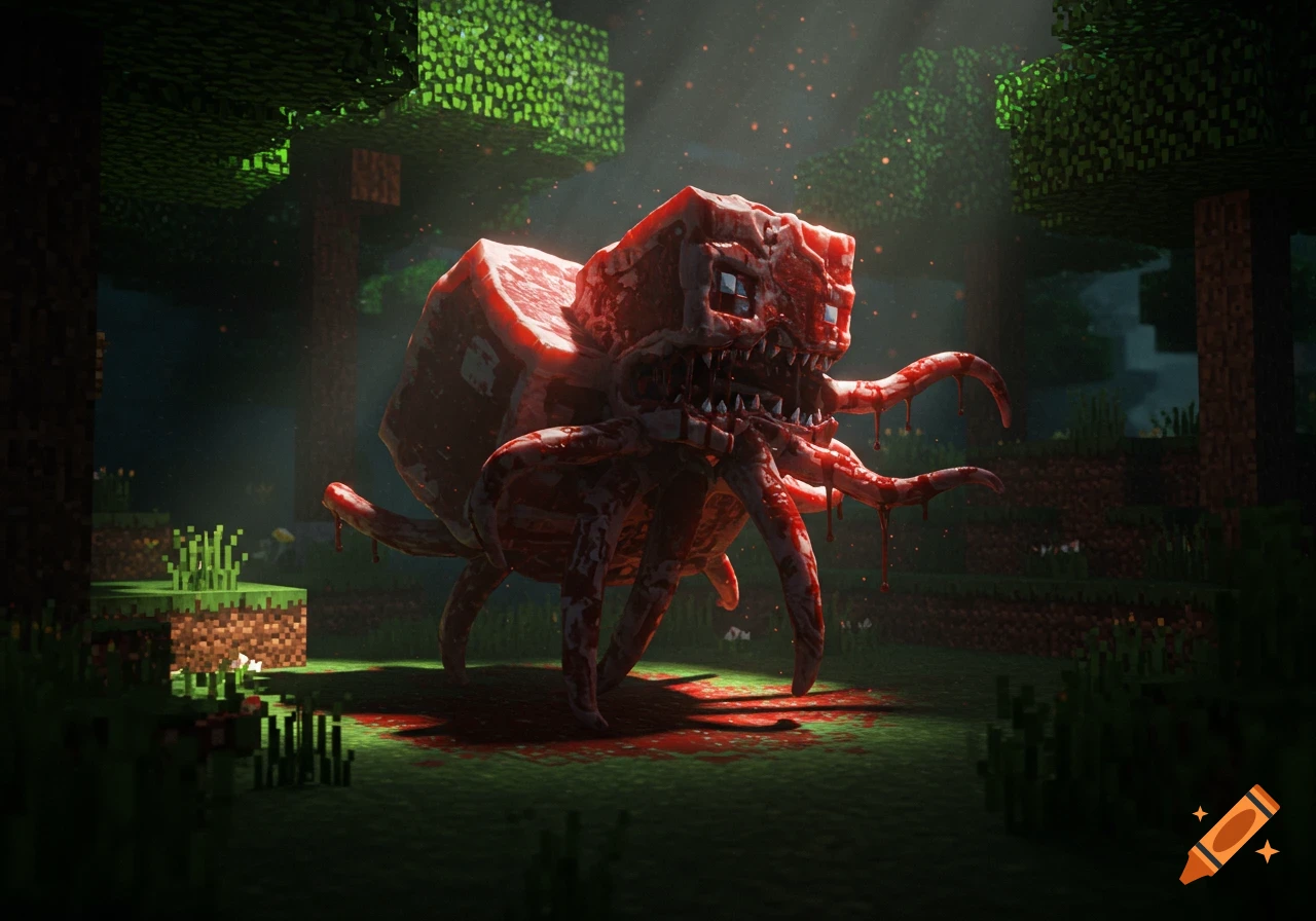 Gory, hyperrealistic meat creature in a dark Minecraft forest setting.