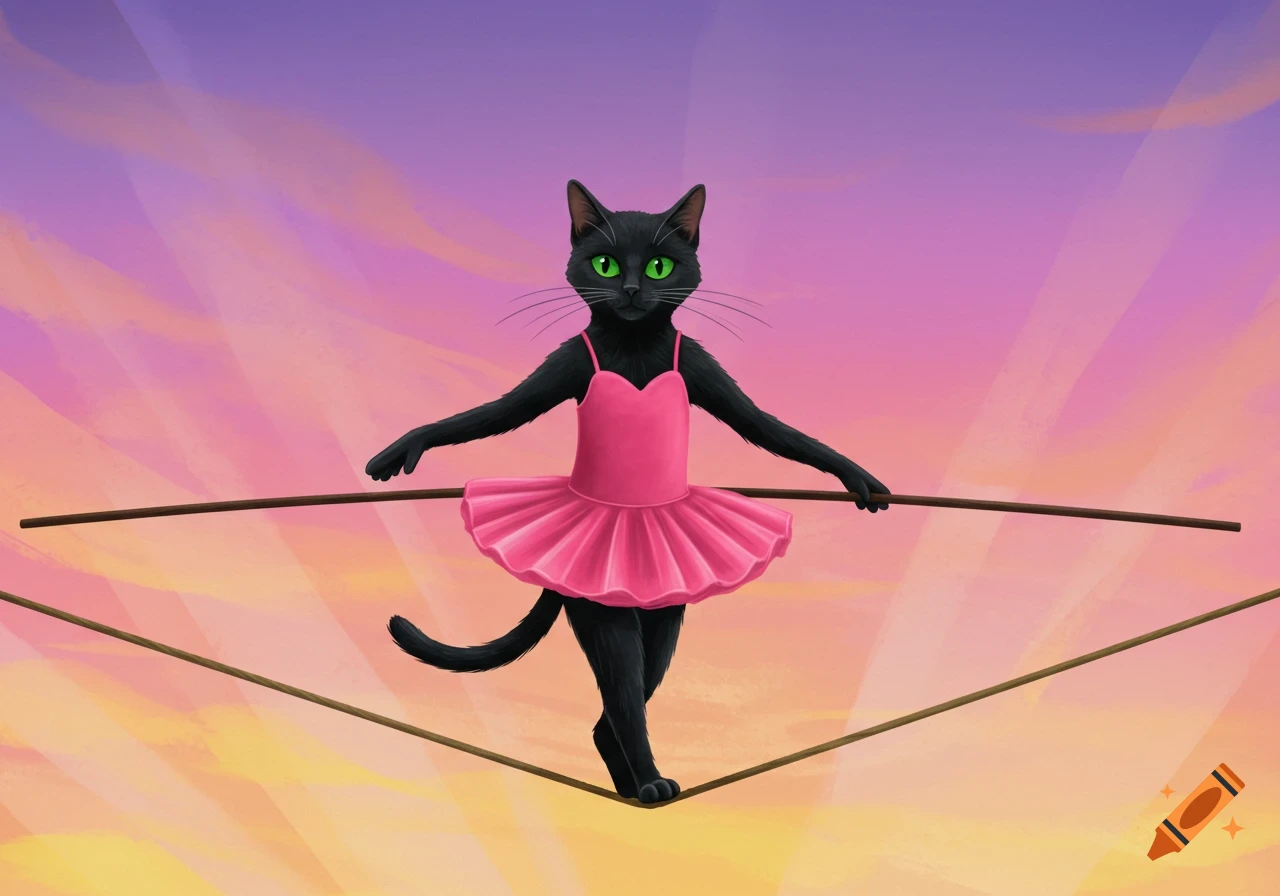 A black cat in a pink tutu walking a tightrope against a colorful sky.