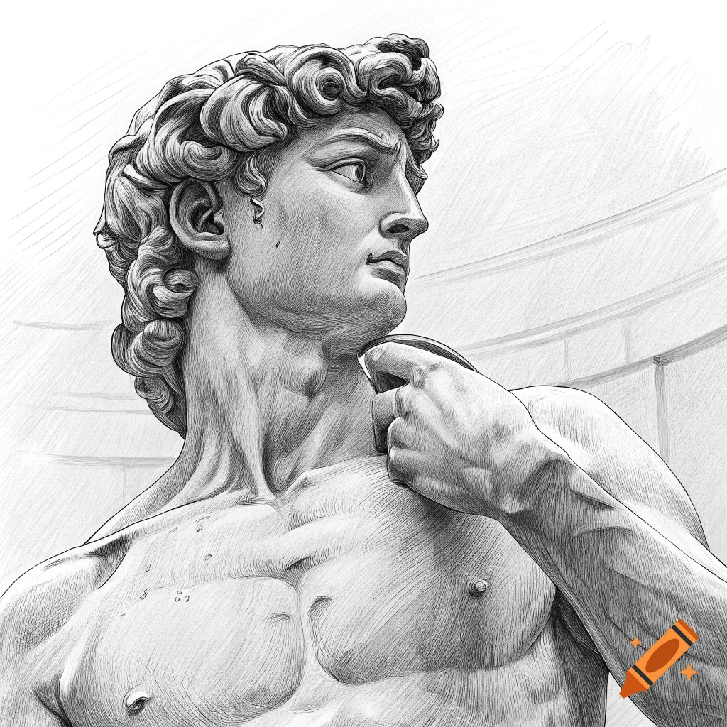 Pencil sketch drawing of Michelangelo's David sculpture, showing the head and upper body.