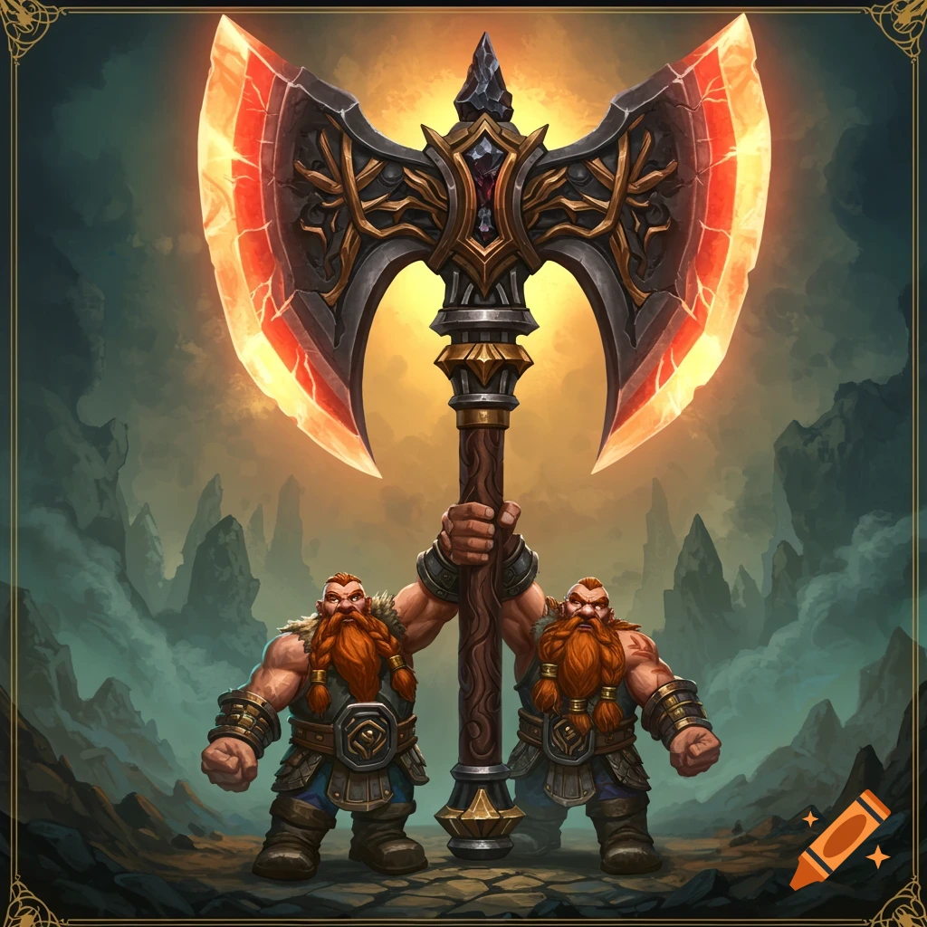Two fantasy dwarves hold a large glowing battleaxe in a mountainous landscape.