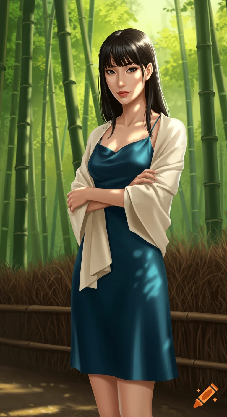 A woman in a blue dress and shawl is standing in a bamboo forest