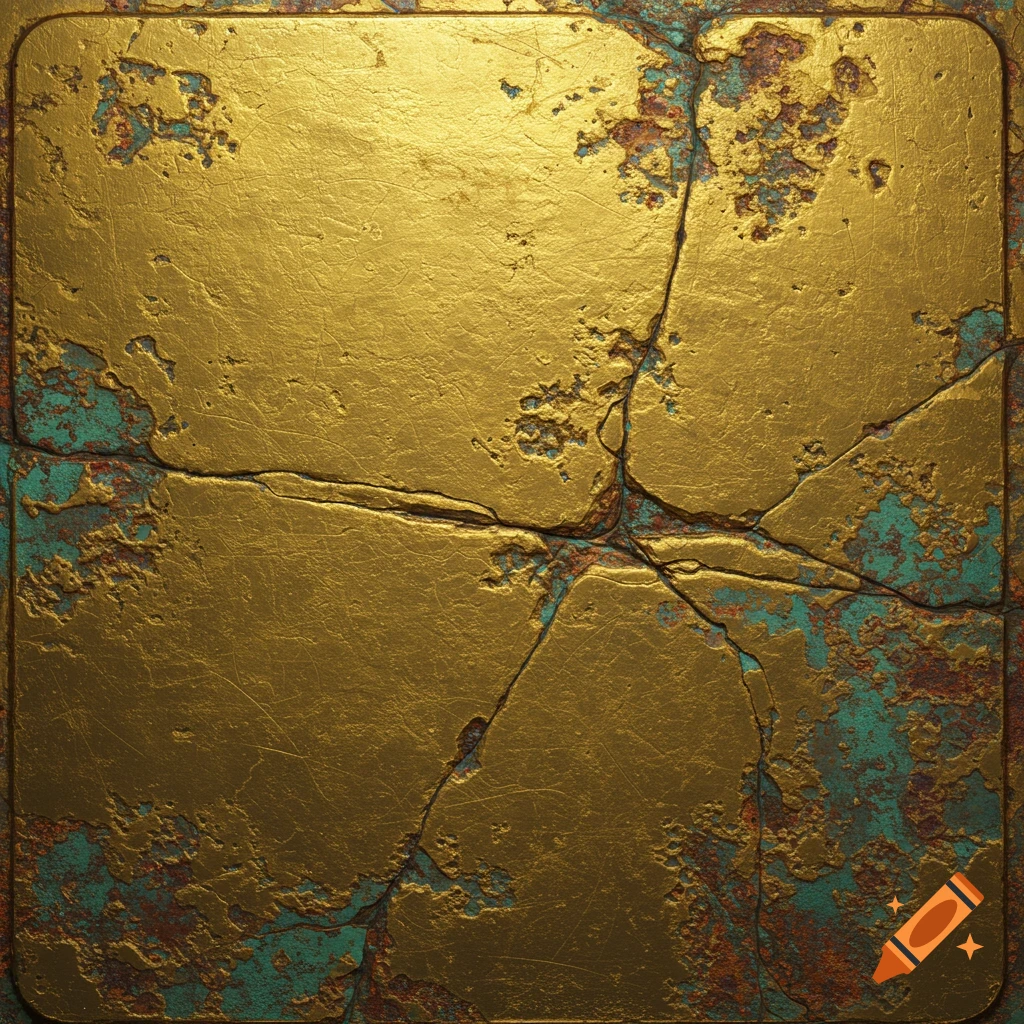 Corroded gold metal plate with green patina and cracks
