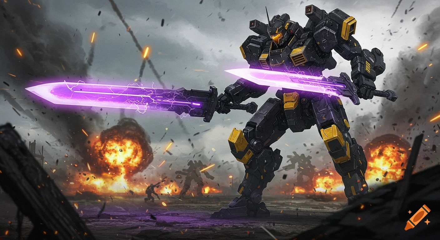 A black and yellow mech with glowing purple swords fighting on a battlefield with explosions.