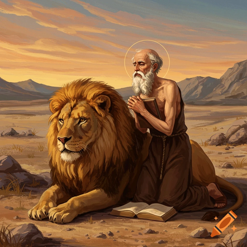 St. Jerome kneels in prayer next to a lion with an open book in a desert landscape.