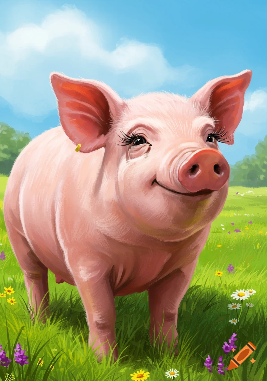 A smiling pink pig with long eyelashes in a grassy field.