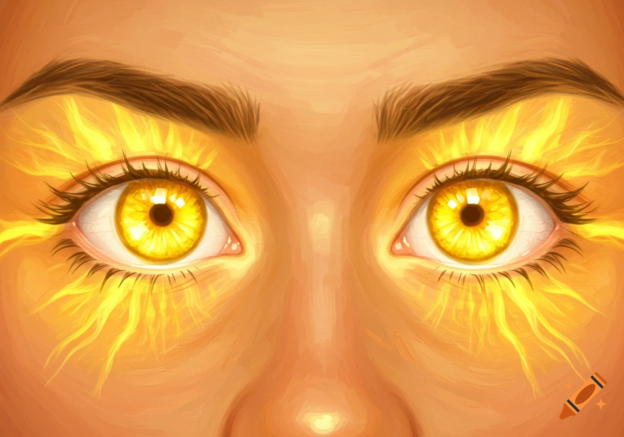 Close-up of human eyes radiating golden light