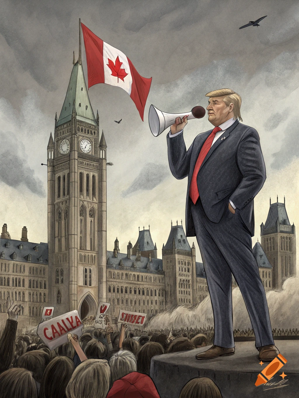 Caricature of Trump speaking into a megaphone in front of Canadian Parliament building with a crowd and signs below.