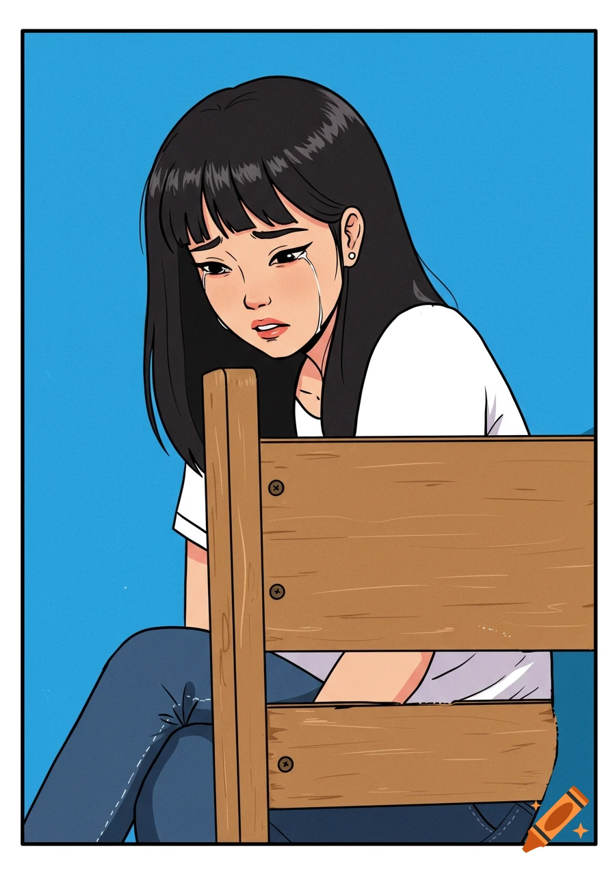 A cartoon drawing of a young girl crying behind a chair with a blue background.