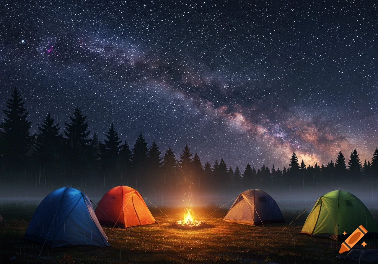 Four colorful tents around a campfire under a starry sky with the Milky Way and forest in the background.