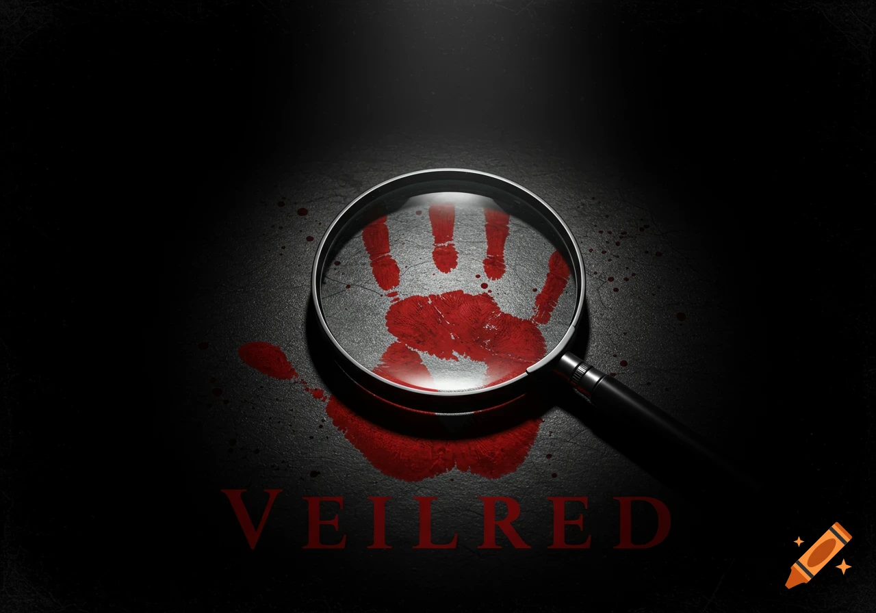 A magnifying glass over a red handprint and blood splatters on a dark surface with the title VEILRED.
