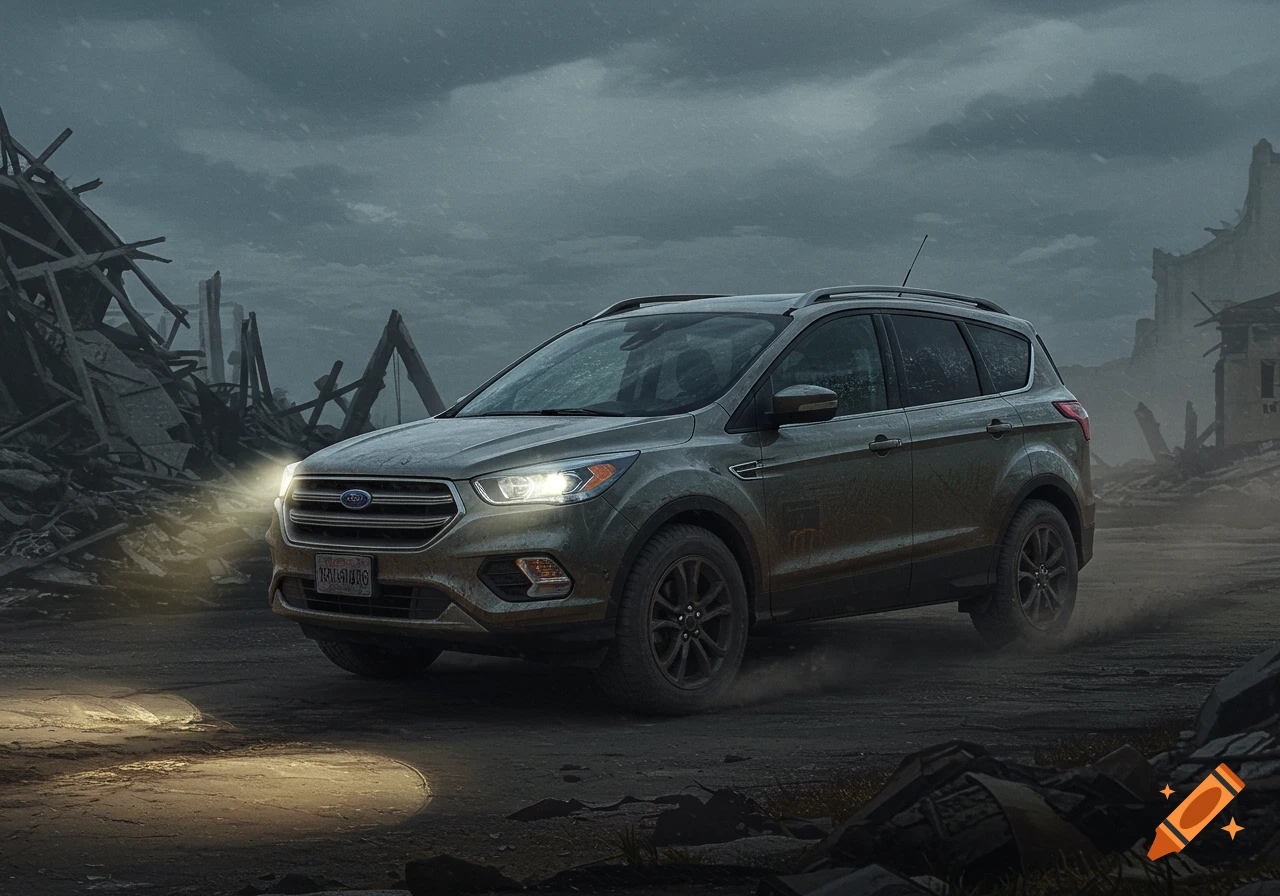 A grey Ford Escape drives through a ruined, muddy landscape under a dark, stormy sky.