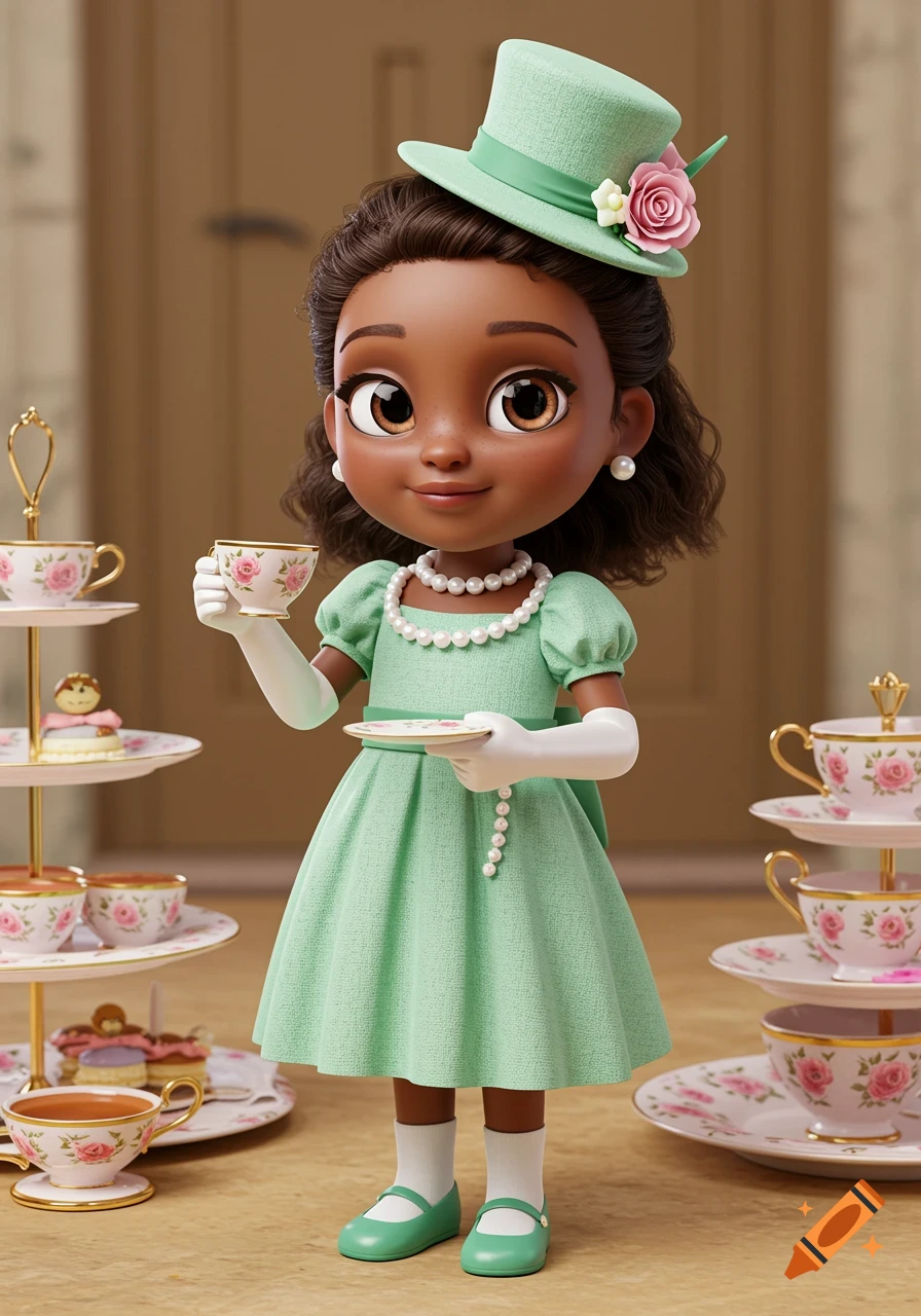3D animated girl in green dress holds a teacup at a tea party.