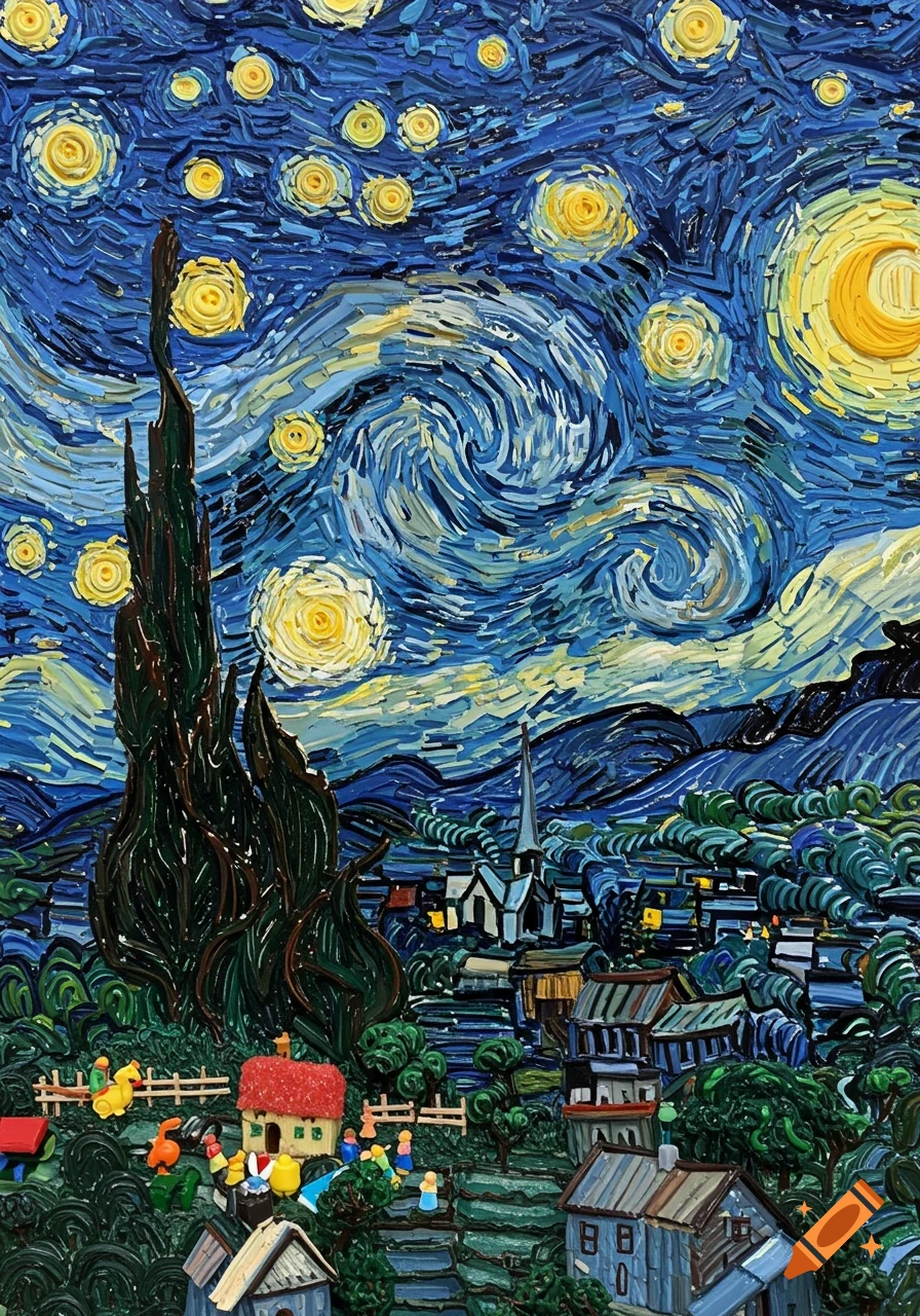 A reinterpretation of Van Gogh's Starry Night, made to look like it is constructed from colorful household items.