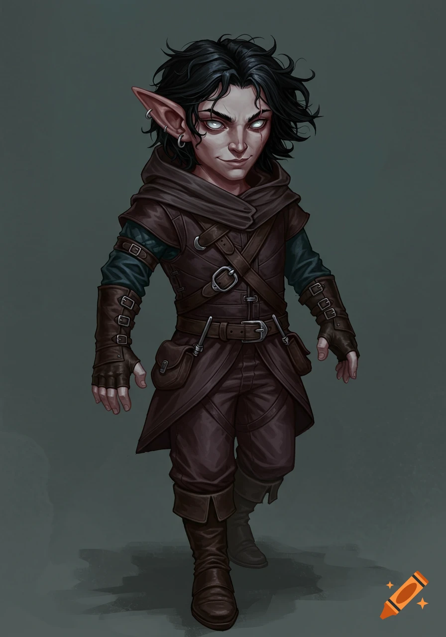 A half-ling fantasy character with dark hair, pointed ears, and leather armor.
