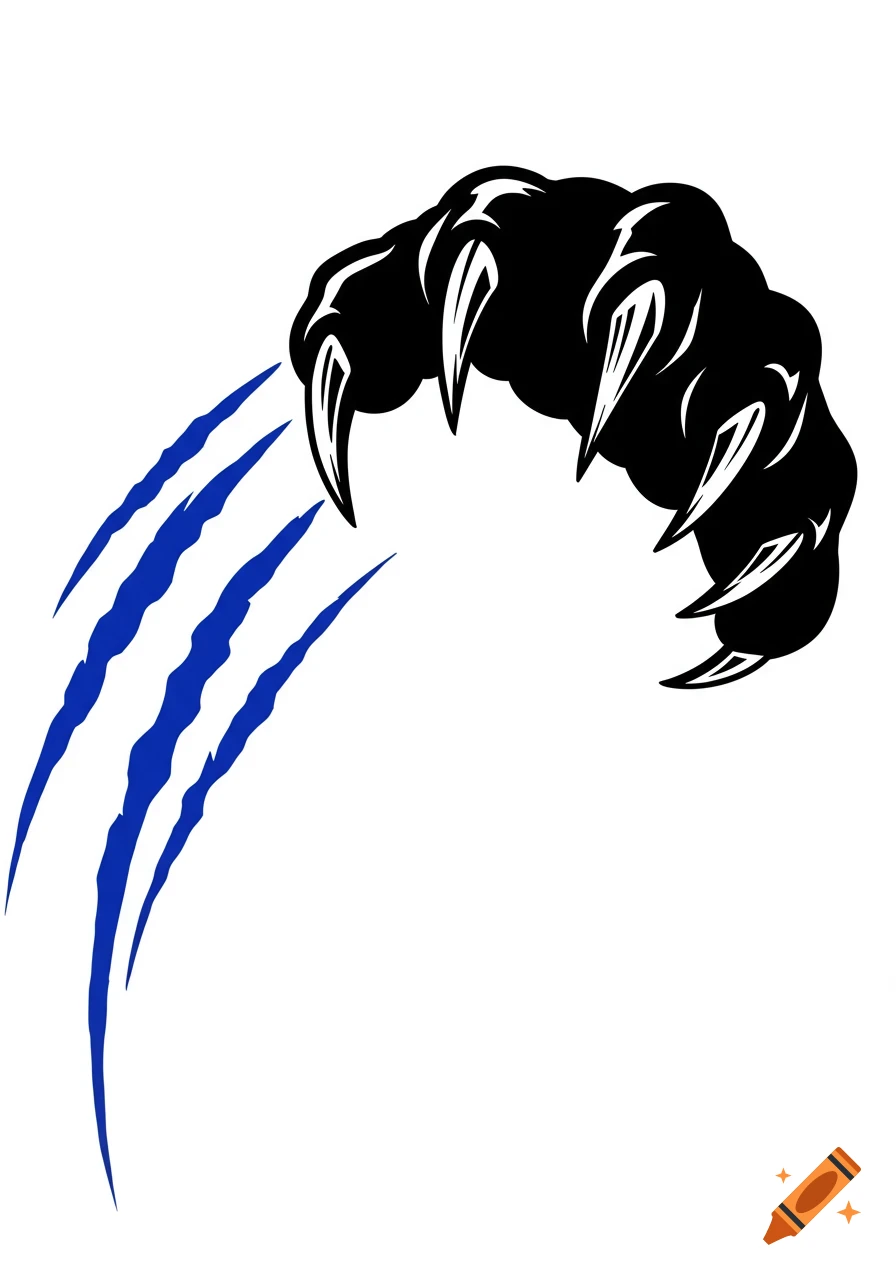 Graphic illustration of a black claw with blue scratch marks on a white background.