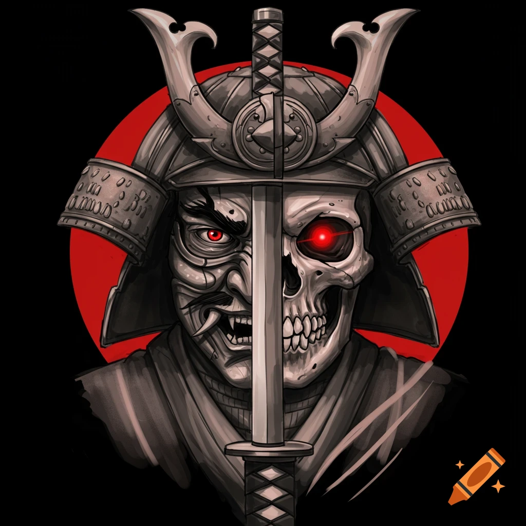 Split face of samurai mask and skull with red eyes, helmet, and sword in black and grey tattoo style