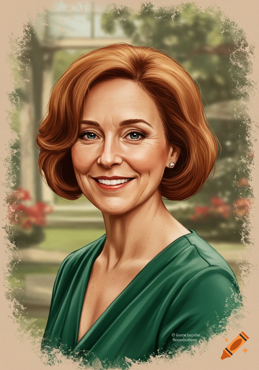 A smiling woman with red hair and blue eyes wearing a green dress.