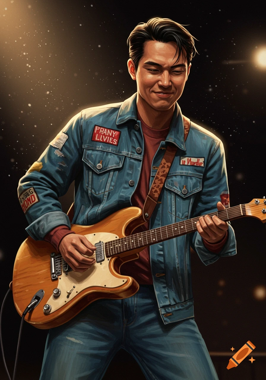 An Asian musician playing an electric guitar on a stage.
