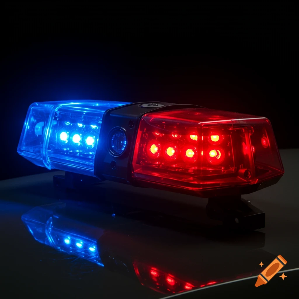 Close-up of a police vehicle light bar with red and blue lights illuminated in the dark.