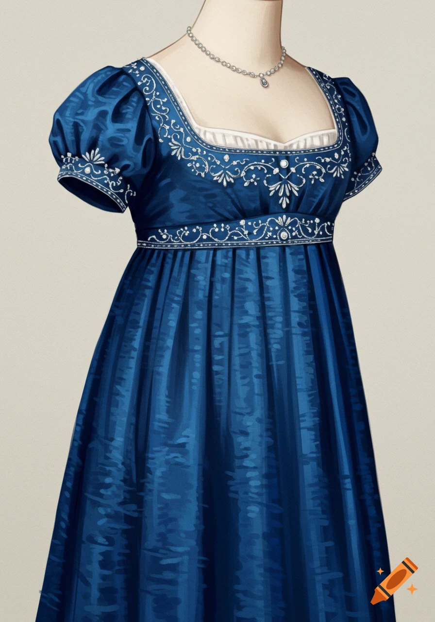 A blue Regency-era dress with silver and white details and a necklace.