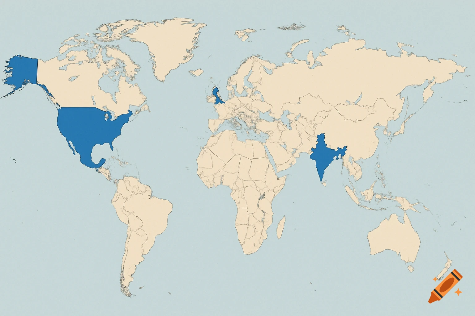 A world map with the United States, United Kingdom, and India highlighted in blue