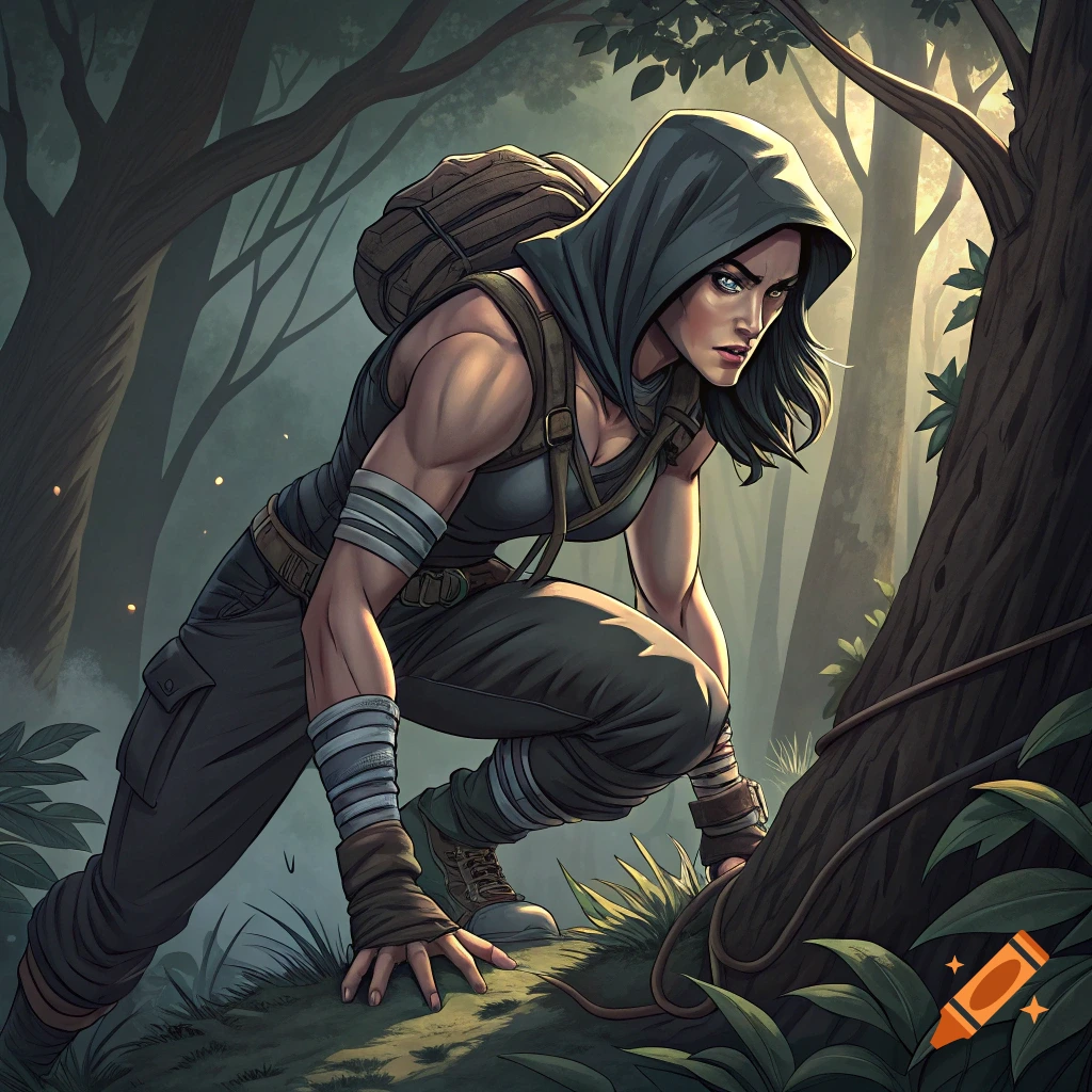 Graphic novel style illustration of a woman in a hood and backpack crouching in a forest.