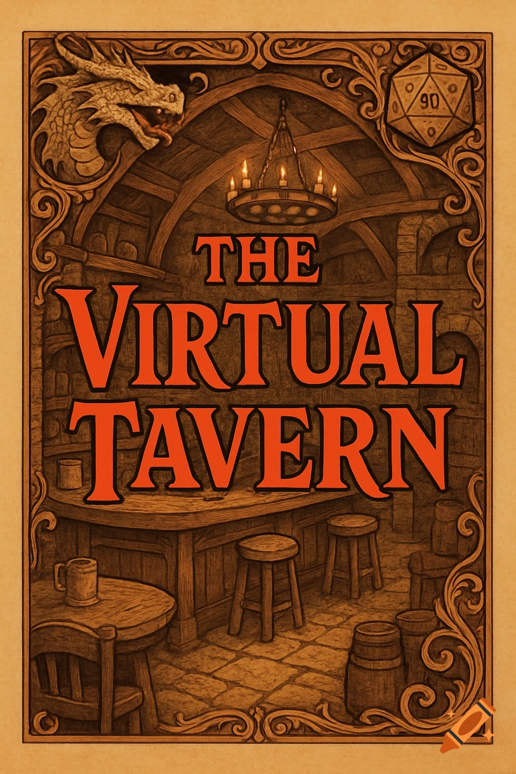 Illustrated title card for 'The Virtual Tavern' in D&D style, showing a tavern interior, dragon head, and D20 die.