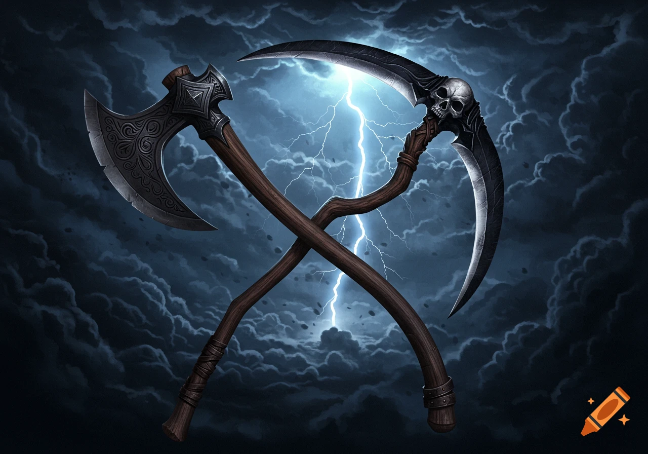 Axe and scythe crossed against a stormy sky with lightning.