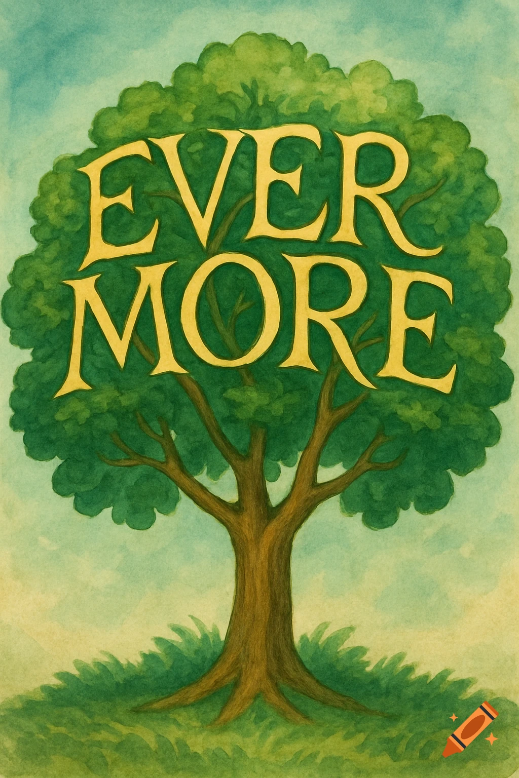 Watercolor illustration of a whimsical tree with 'EVER MORE' spelled out in its branches.