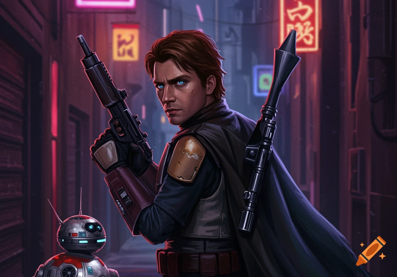 A bounty hunter stands in a dark neon alley with a rifle and droid companion.
