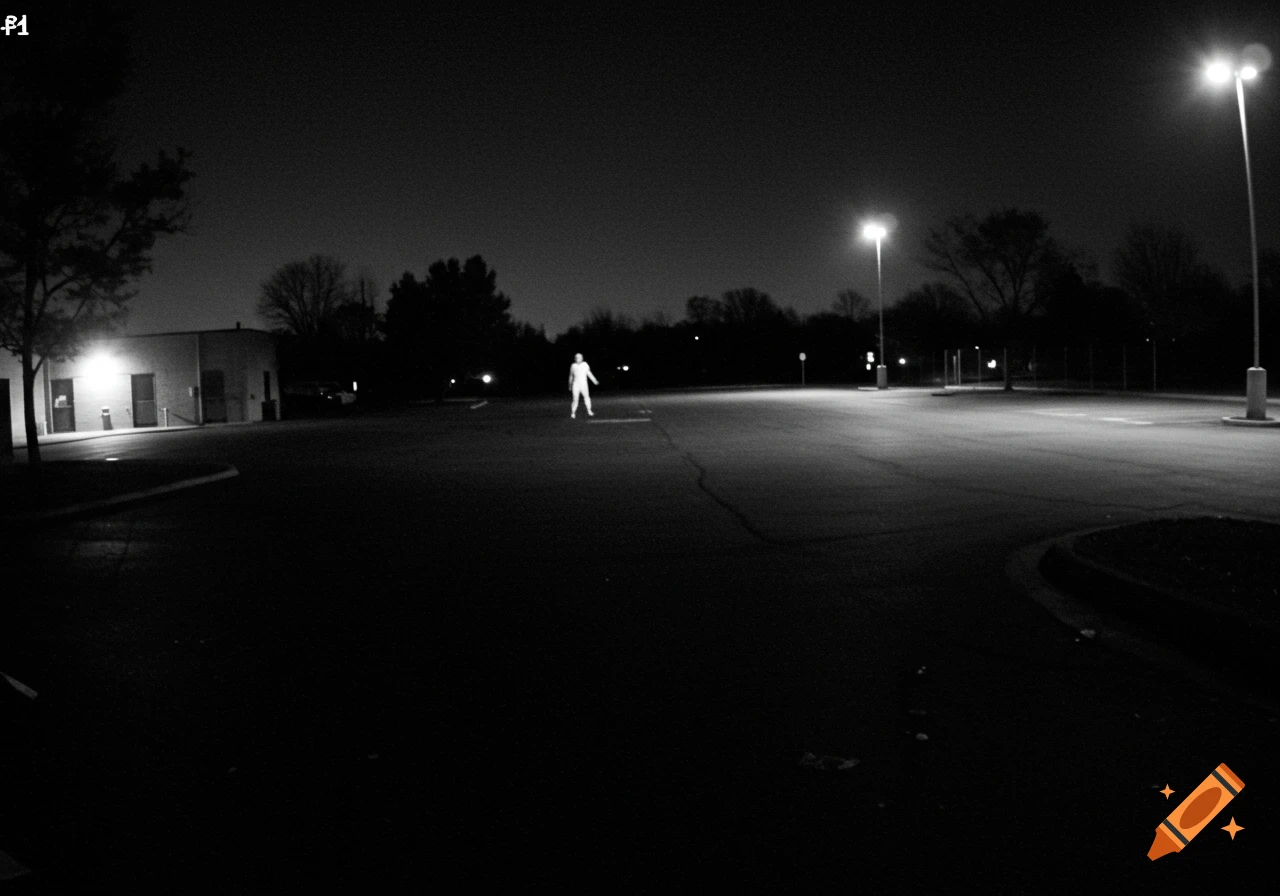 A grainy black and white image resembling security footage shows a lone white figure standing in a dark, empty parking lot at night.