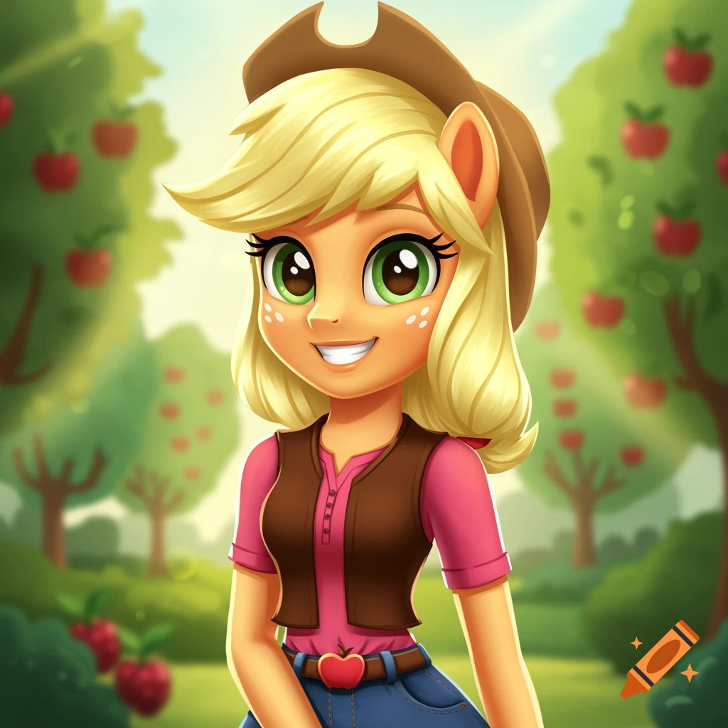 Applejack from My Little Pony smiling in a sunny orchard