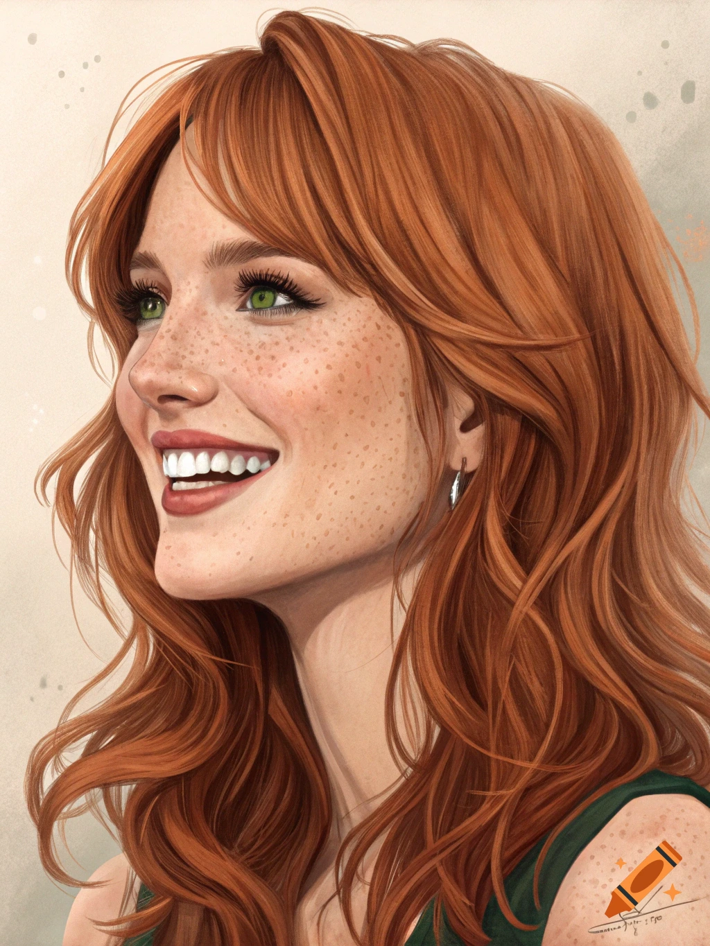 A close-up of a smiling woman with red hair, green eyes, and freckles.